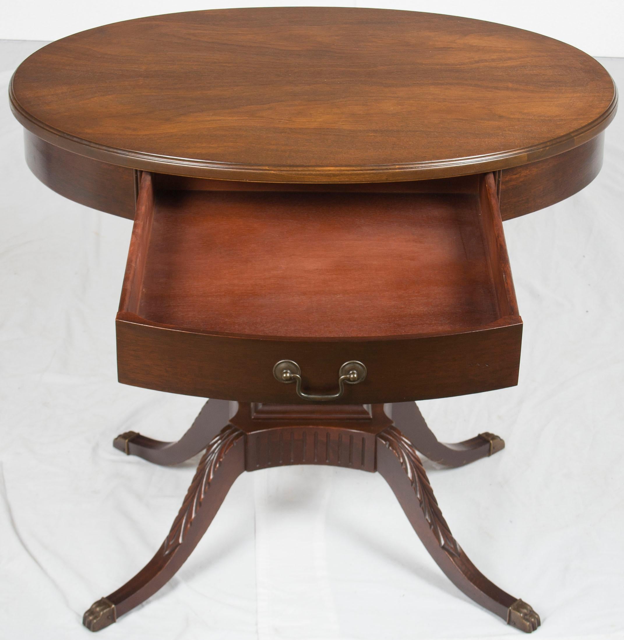 American Oval Mahogany Side Accent End Table with Drawer on Lyre Trestle Pedestal Base For Sale
