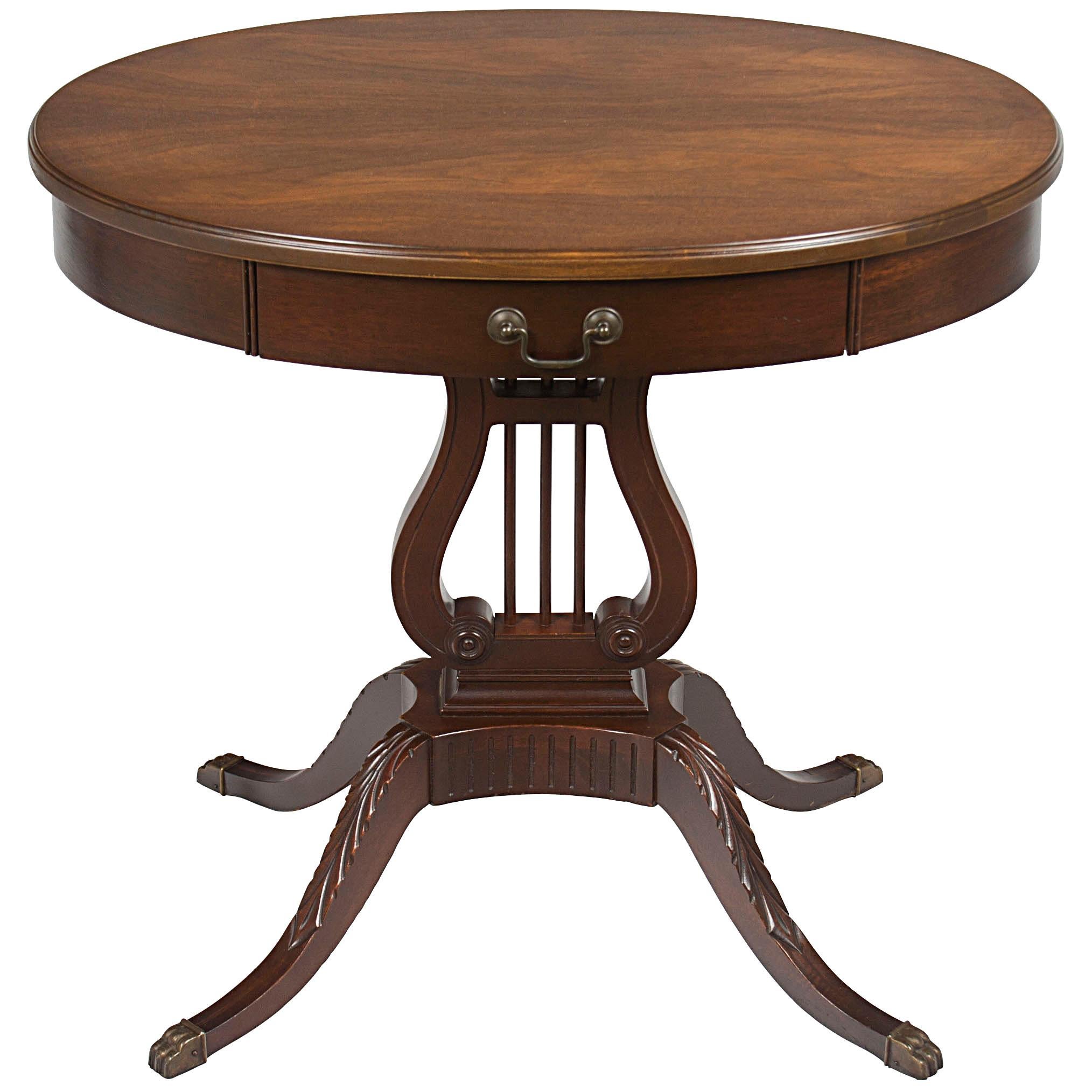Oval Mahogany Side Accent End Table with Drawer on Lyre Trestle Pedestal Base im Angebot