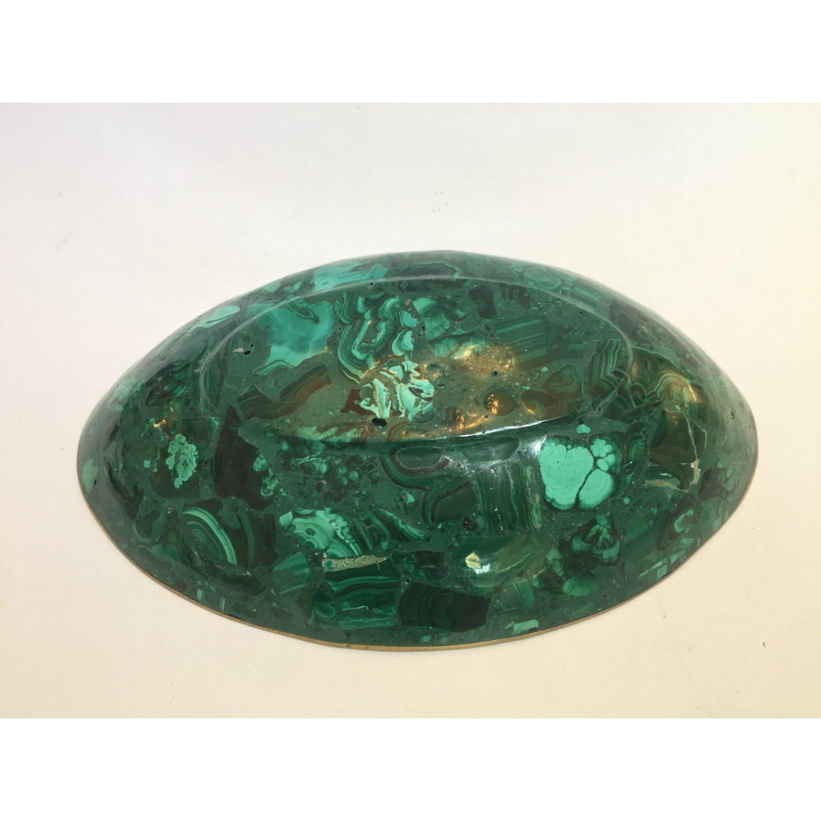 Polished Oval Malachite and Brass Dish