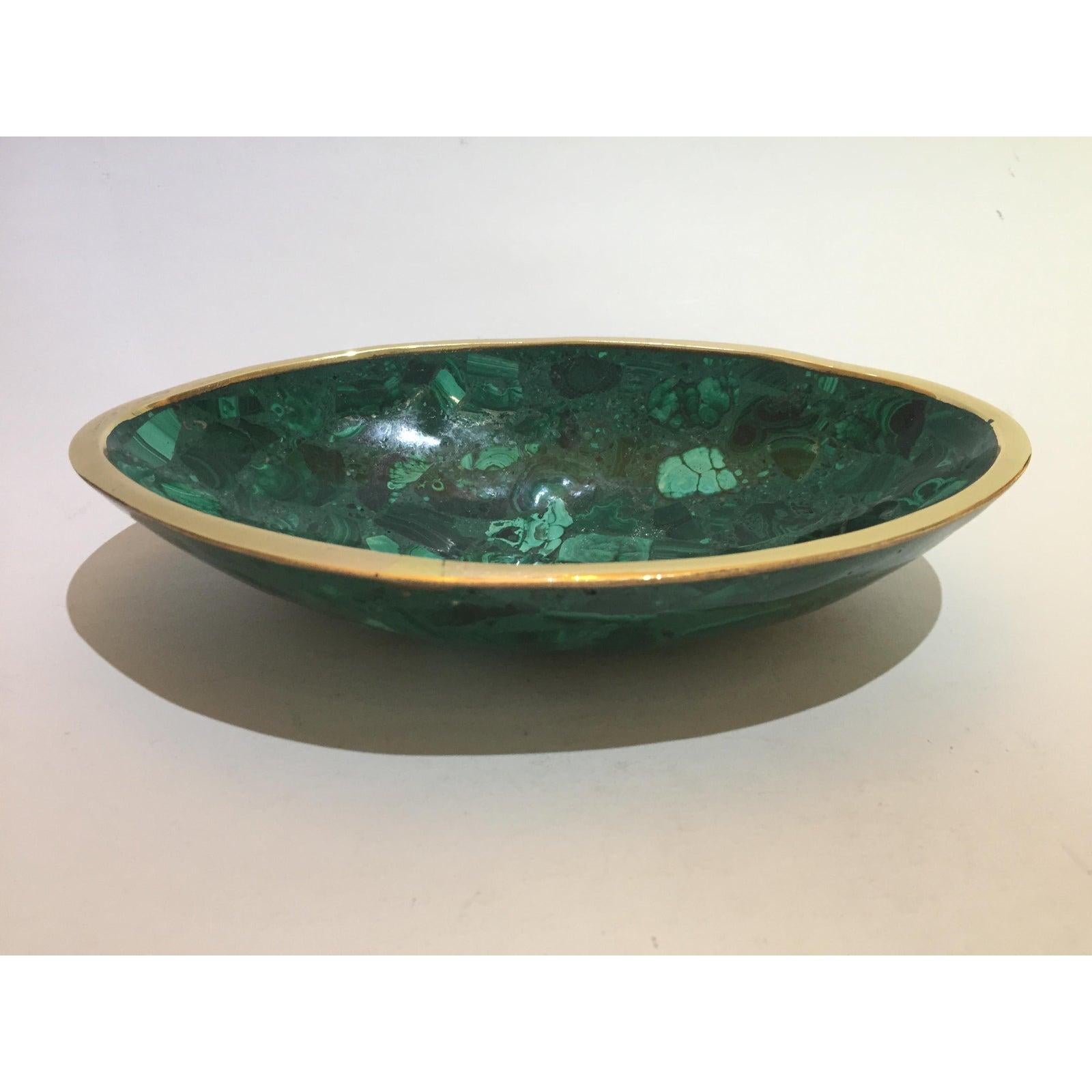 20th Century Oval Malachite and Brass Dish