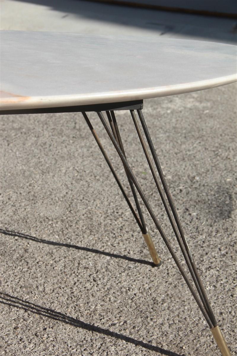 Oval Marble Table Coffee Diagonal Metal Foot with Brass Shoes, 1950s Italian 5