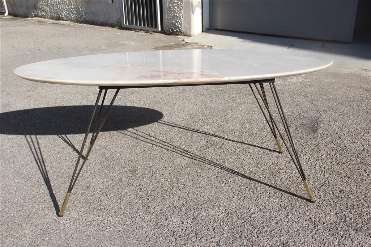Oval Marble Table Coffee Diagonal Metal Foot with Brass Shoes, 1950s Italian 6