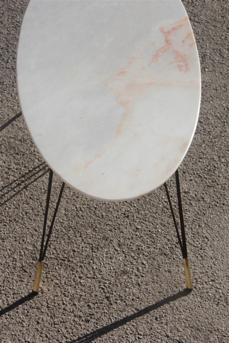 Mid-Century Modern Oval Marble Table Coffee Diagonal Metal Foot with Brass Shoes, 1950s Italian