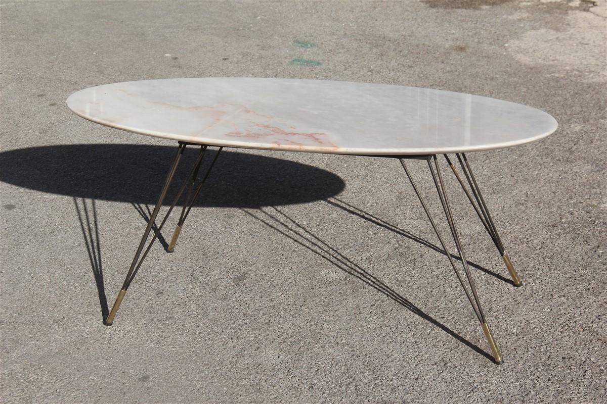 Oval Marble Table Coffee Diagonal Metal Foot with Brass Shoes, 1950s Italian 1