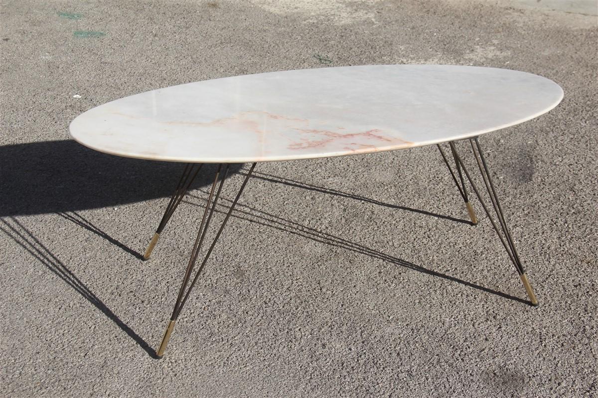 Oval Marble Table Coffee Diagonal Metal Foot with Brass Shoes, 1950s Italian 2