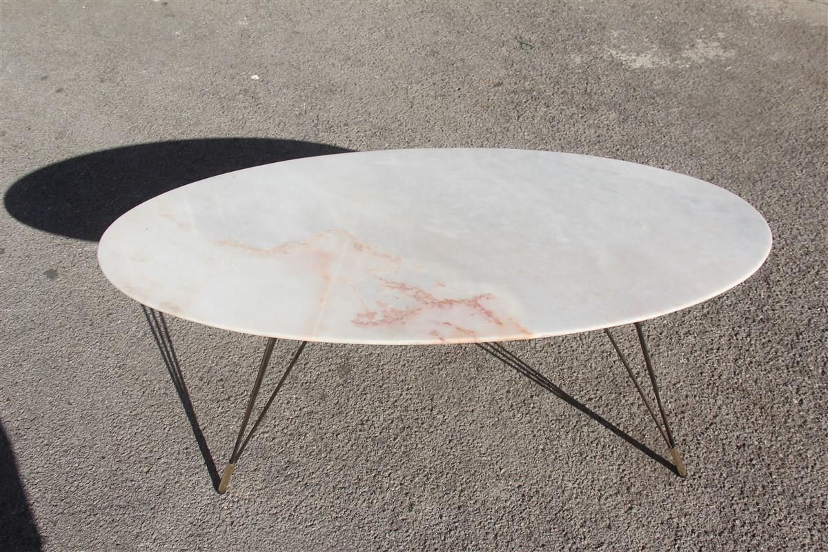 Oval Marble Table Coffee Diagonal Metal Foot with Brass Shoes, 1950s Italian 3