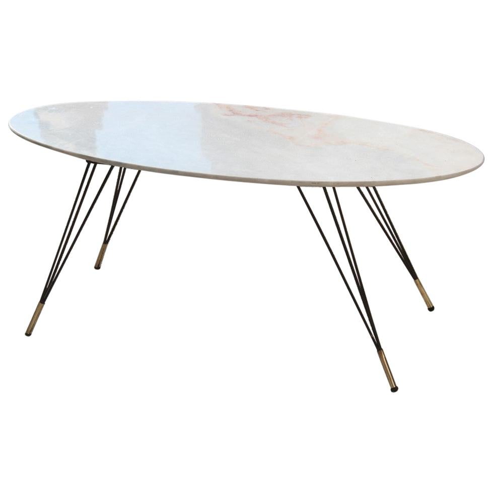 Oval Marble Table Coffee Diagonal Metal Foot with Brass Shoes, 1950s Italian