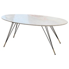 Oval Marble Table Coffee Diagonal Metal Foot with Brass Shoes, 1950s Italian