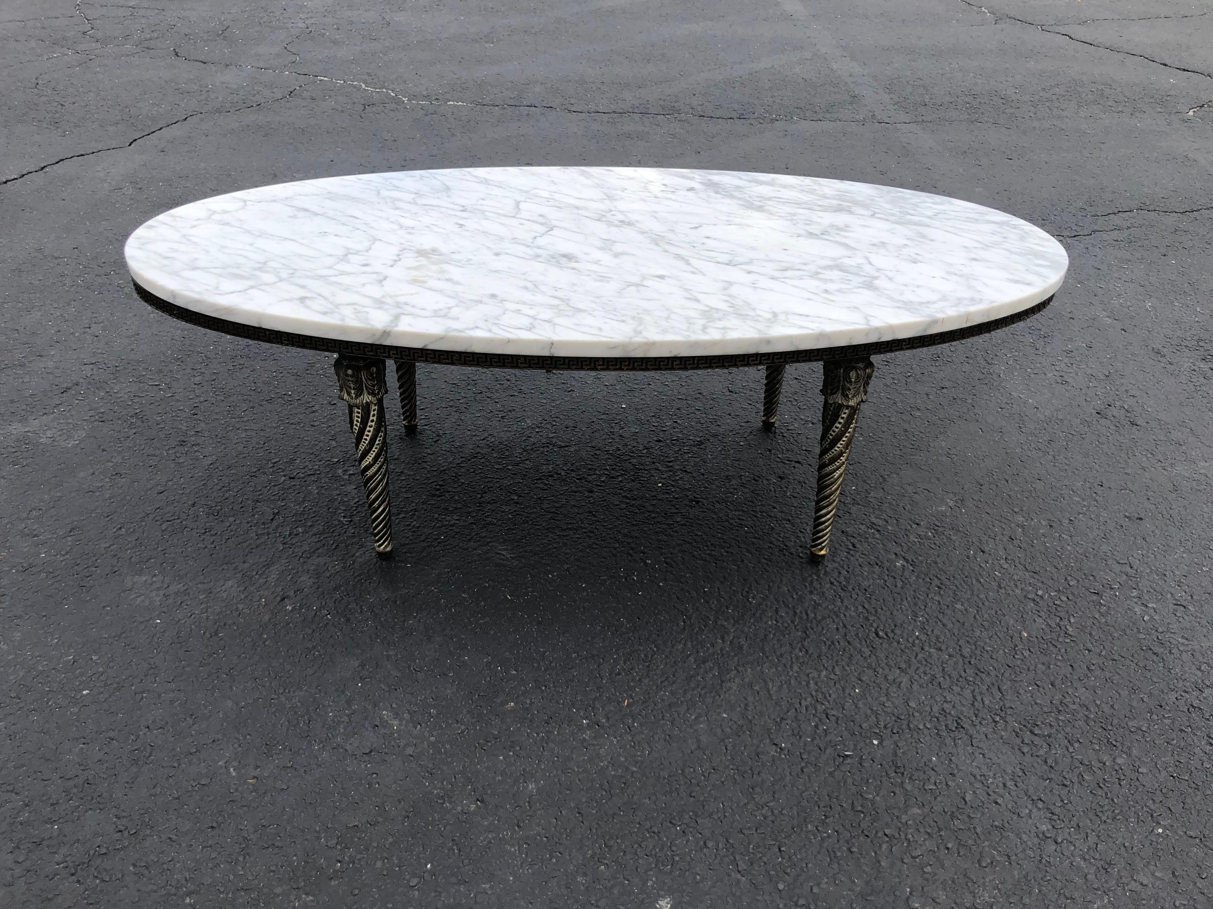 Hollywood Regency Oval Marble-Top and Brass Coffee Table