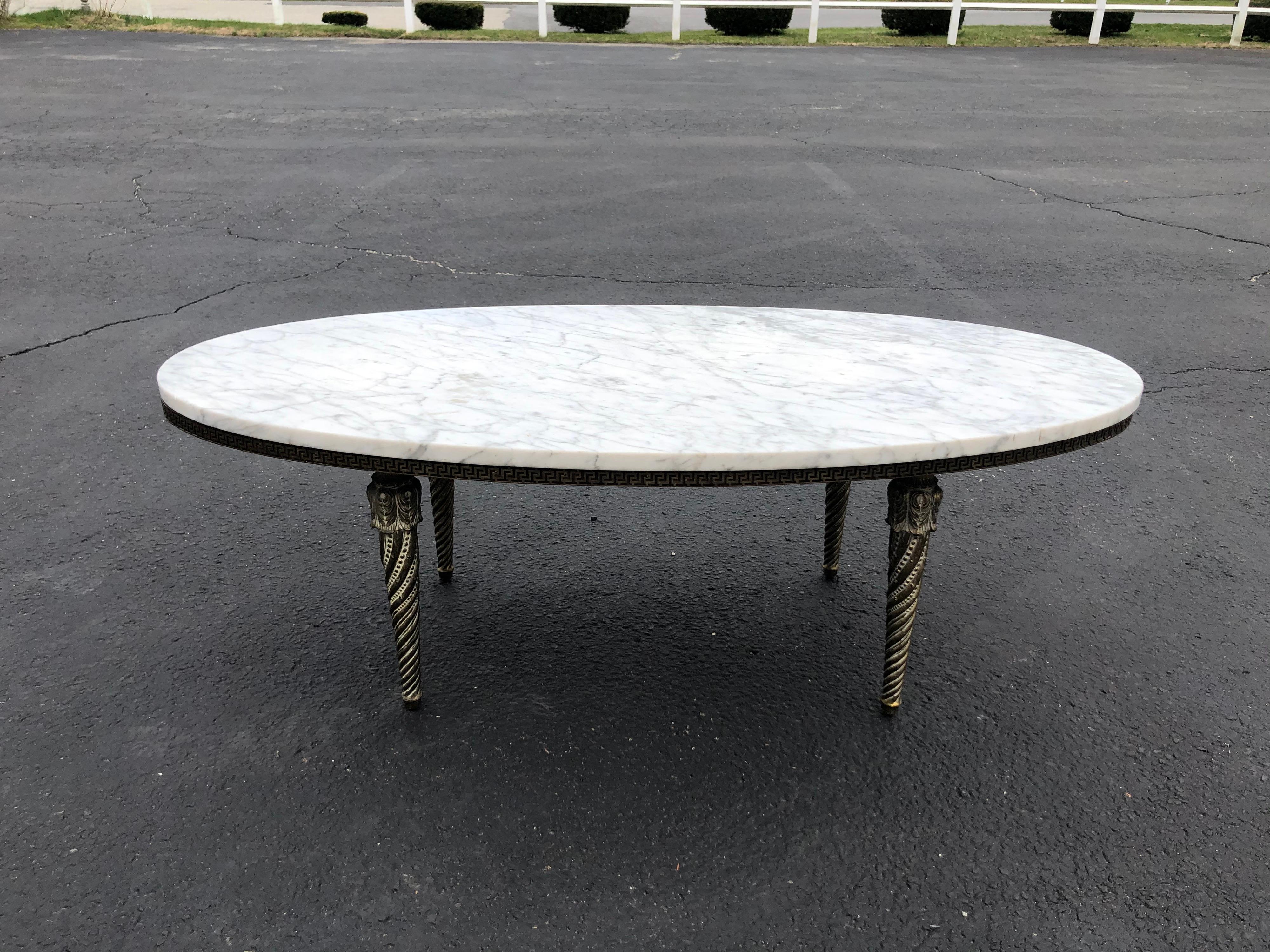 Oval Marble-Top and Brass Coffee Table In Good Condition In Redding, CT