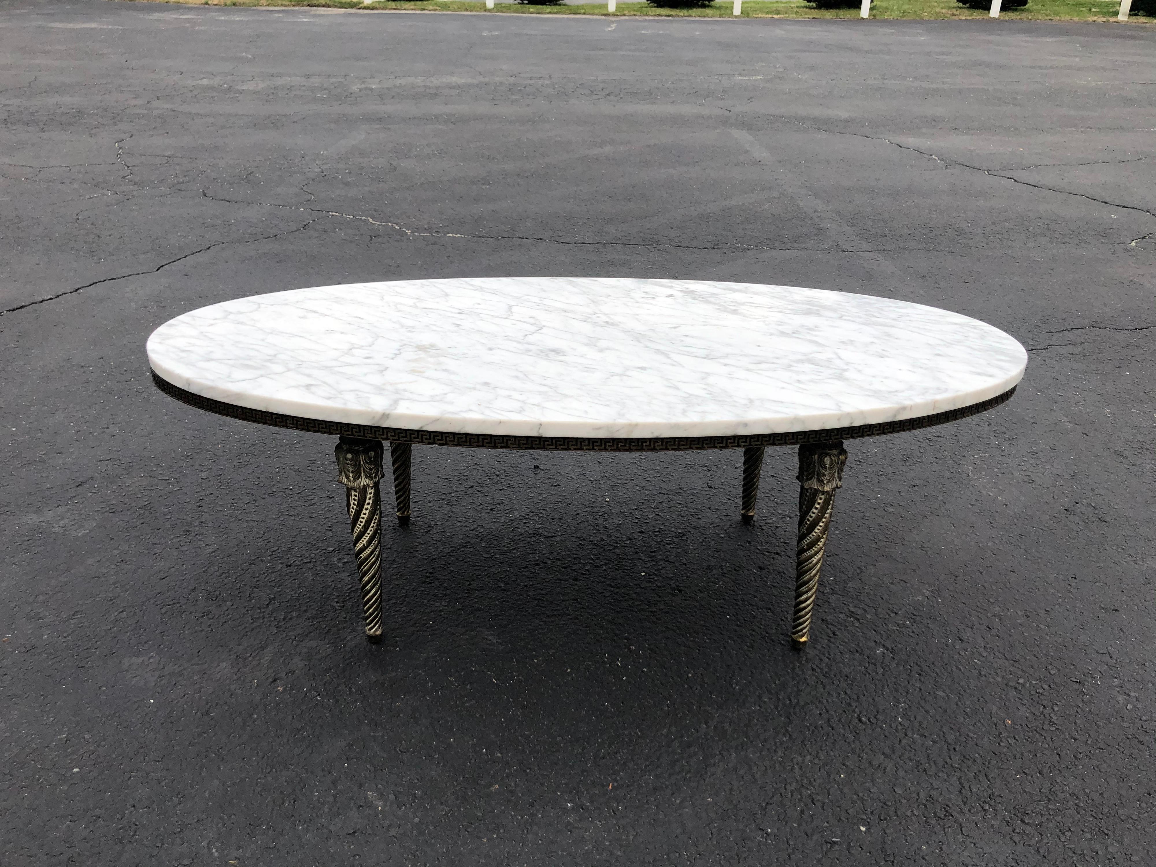 Mid-20th Century Oval Marble-Top and Brass Coffee Table