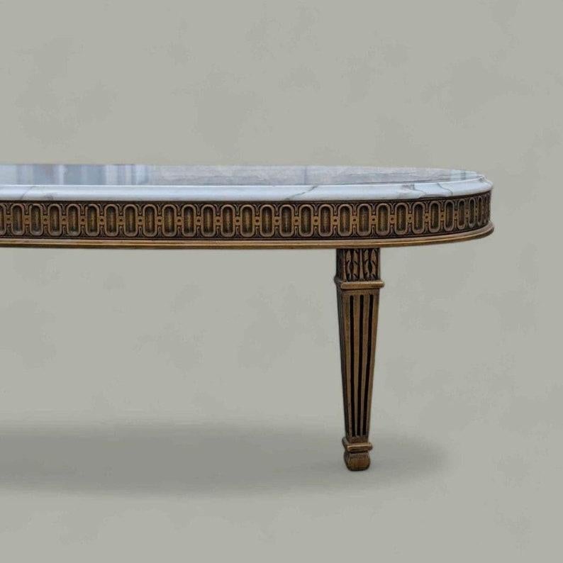 Unknown Oval Marble Top Coffee Table, Hollywood Regency, Art Deco, Ornate, Wood