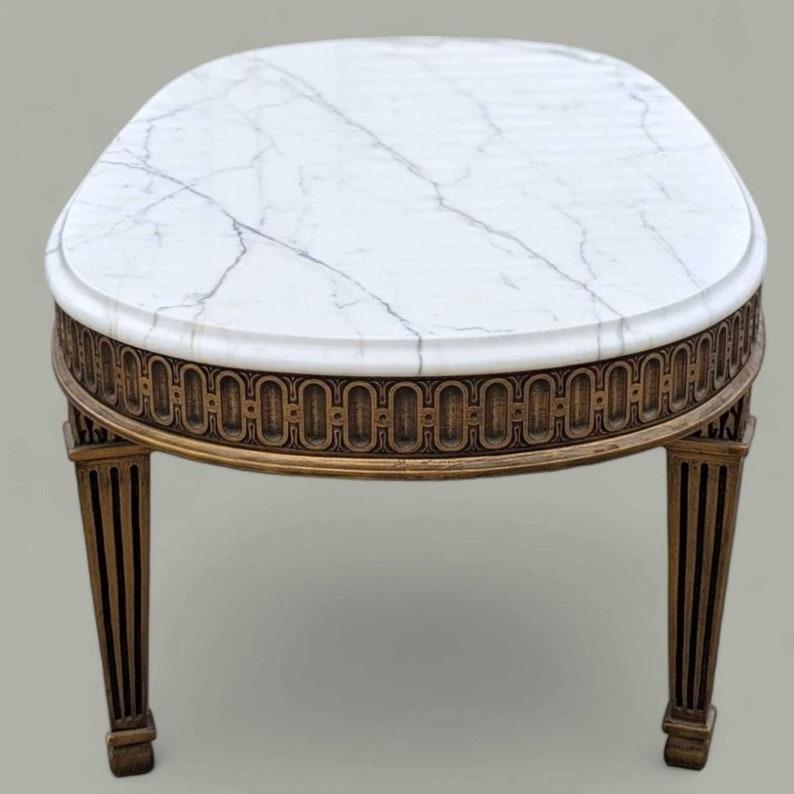 Oval Marble Top Coffee Table, Hollywood Regency, Art Deco, Ornate, Wood In Good Condition In Rancho Cucamonga, CA