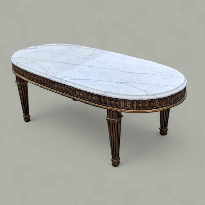 20th Century Oval Marble Top Coffee Table, Hollywood Regency, Art Deco, Ornate, Wood
