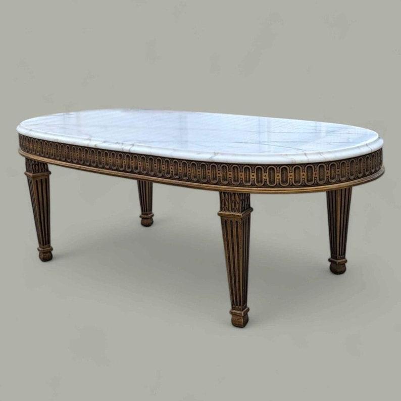 Oval Marble Top Coffee Table, Hollywood Regency, Art Deco, Ornate, Wood 1