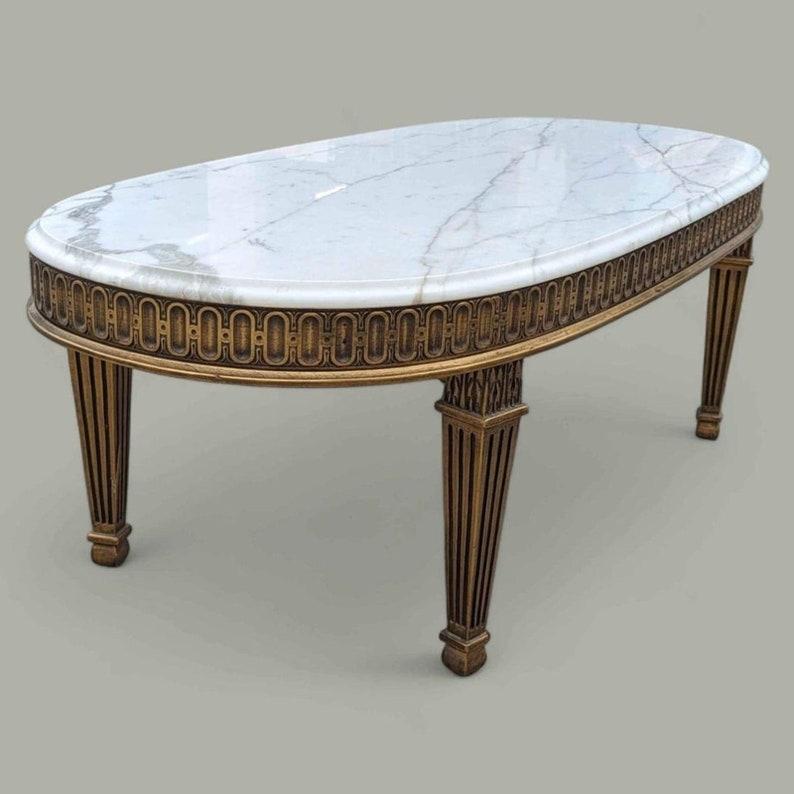 Oval Marble Top Coffee Table, Hollywood Regency, Art Deco, Ornate, Wood 2