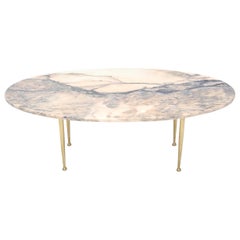 Oval Marble Top Coffee Table on Turned Tapered Solid Brass Legs