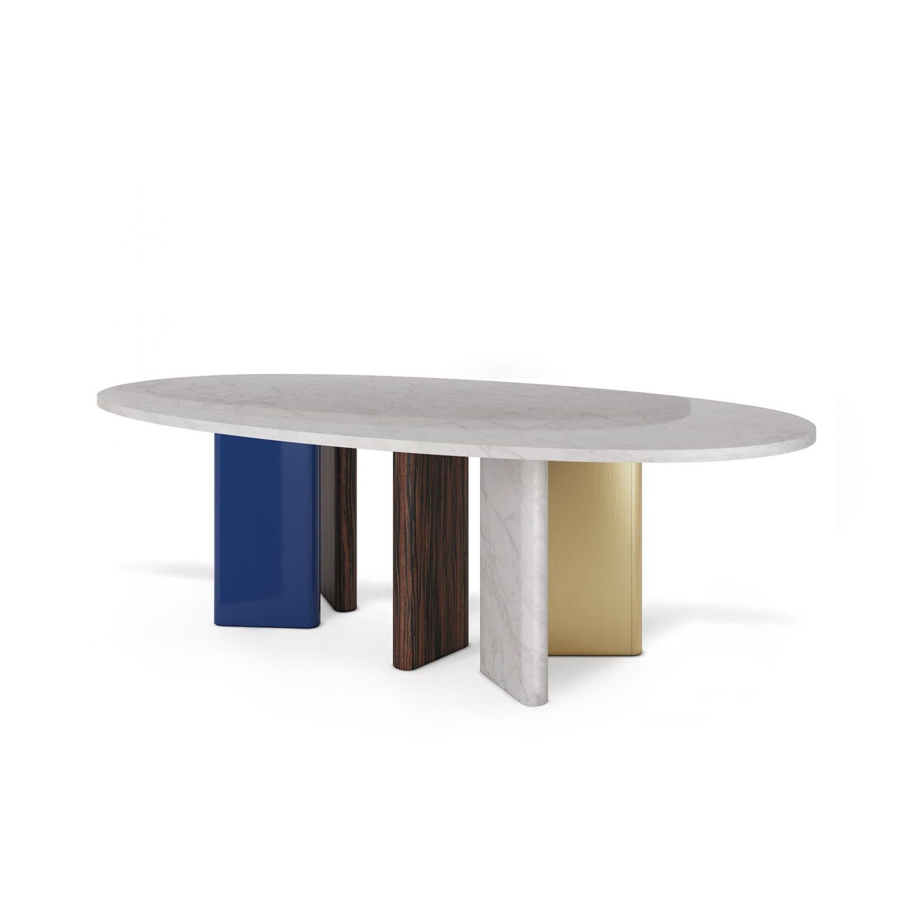 Moderne Table de salle à manger ovale avec pieds en bois, métal et marbre en vente