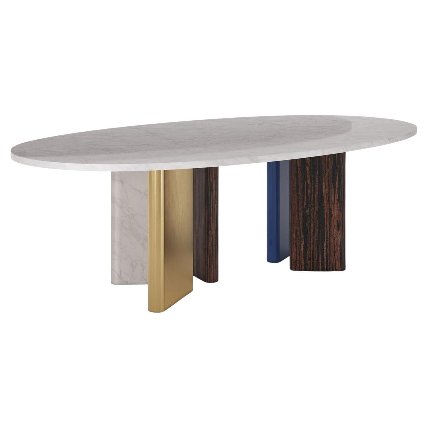 Oval Marble Top Dining Table with Wood, Metal & Marble Legs