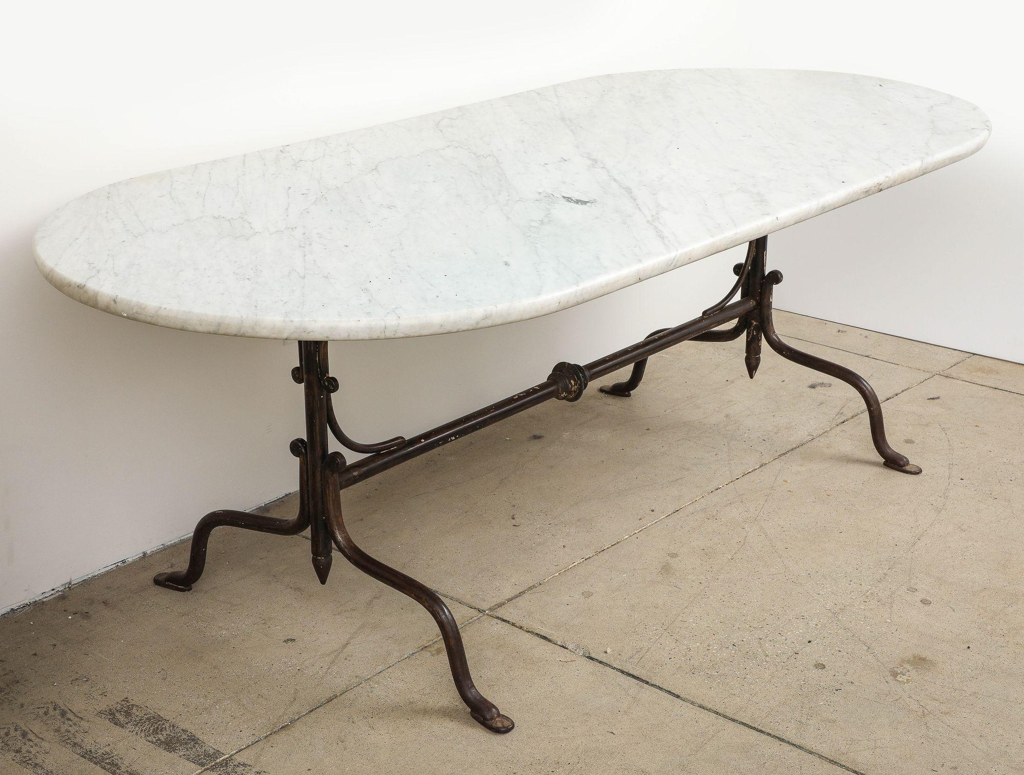 Oval Marble Topped Dining Table with Trestle Iron Base, France mid 20th c For Sale 7