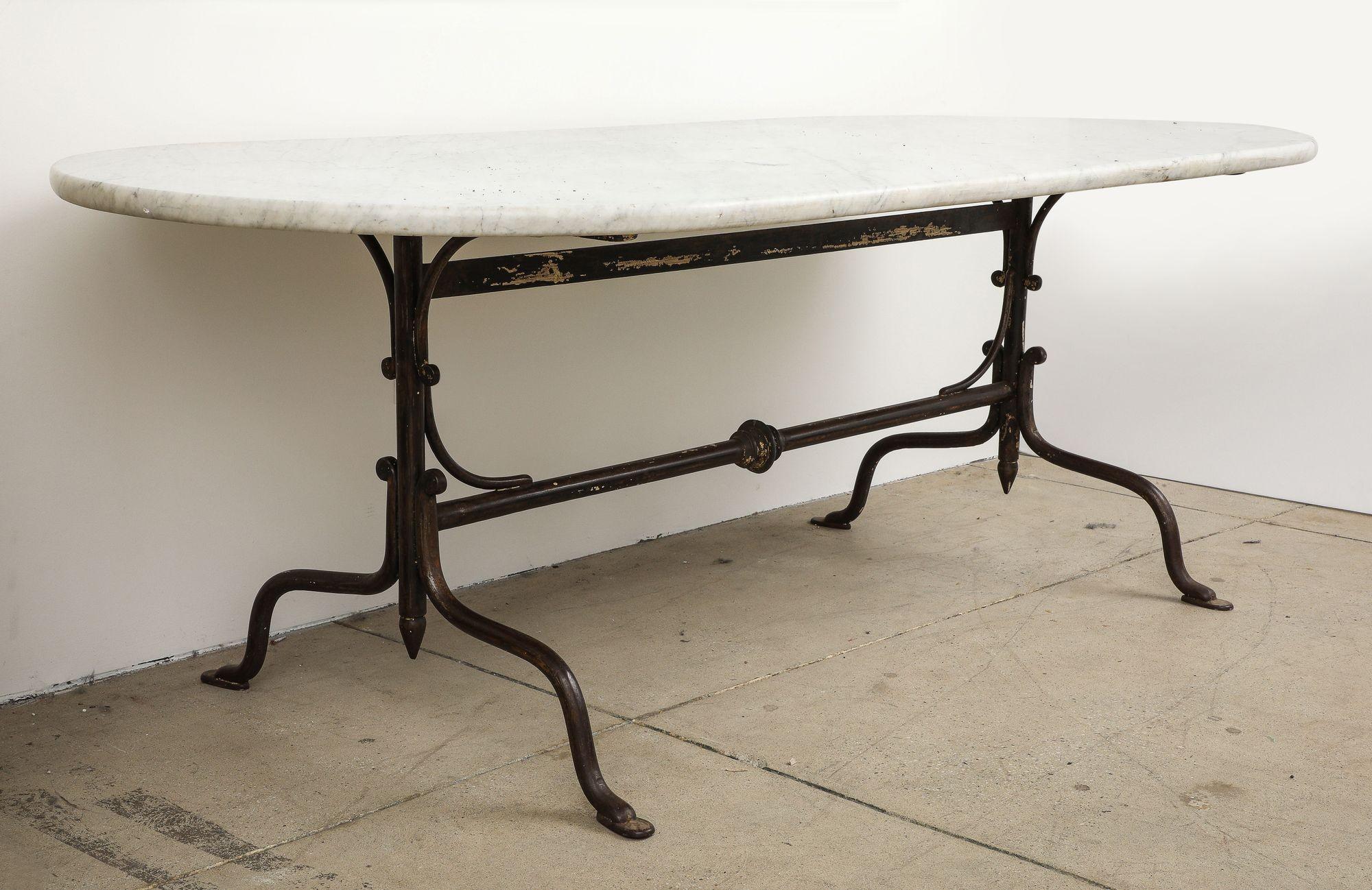 Oval Marble Topped Dining Table with Trestle Iron Base, France mid 20th c For Sale 3