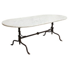 Used Oval Marble Topped Dining Table with Trestle Iron Base, France mid 20th c