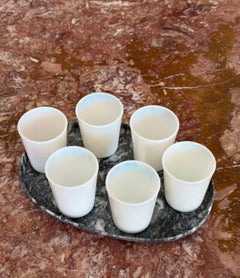 Oval Marble Tray + 6 Midcentury Modern Milk Glass Cups Set Minimalist Barware