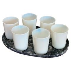 Oval Marble Tray + 6 Midcentury Modern Milk Glass Cups Set Minimalist Barware