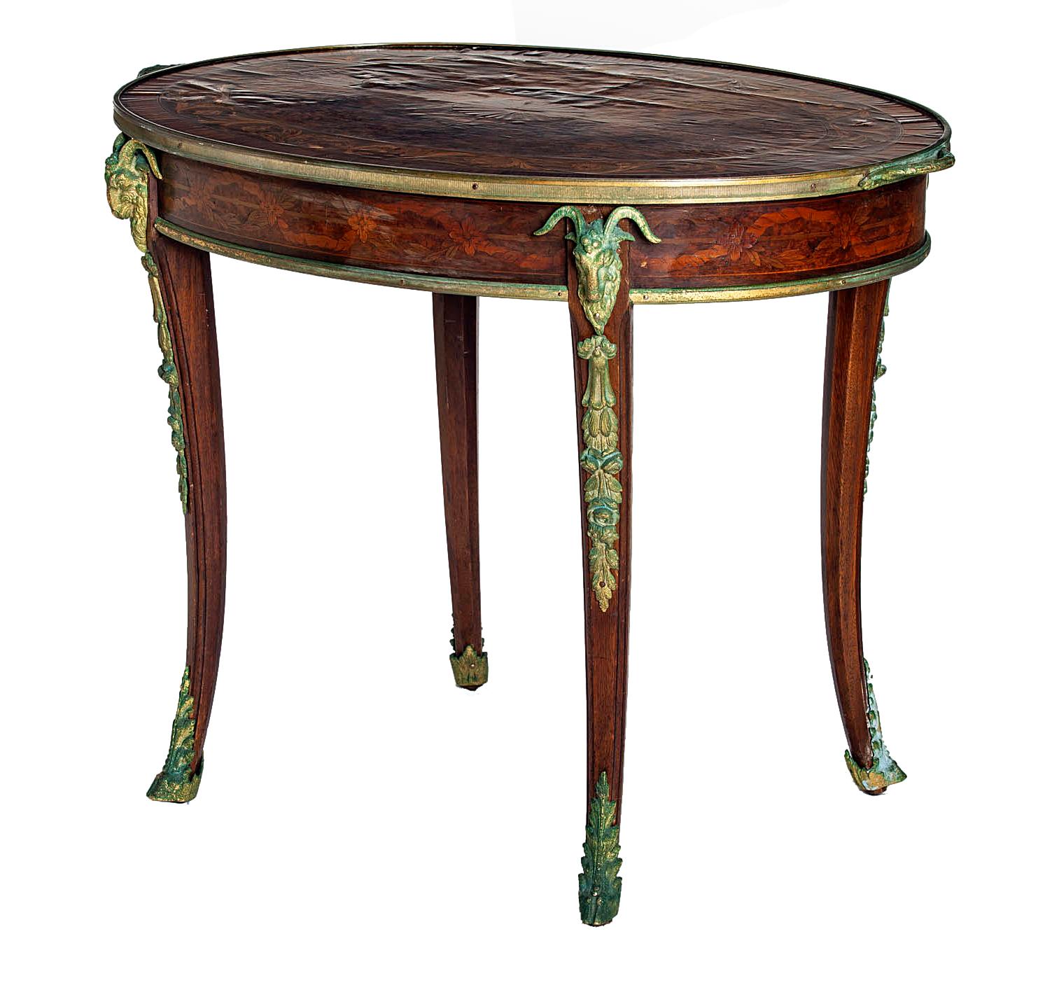 Cast Egyptian Revival Oval Marquetry Tray Table For Sale