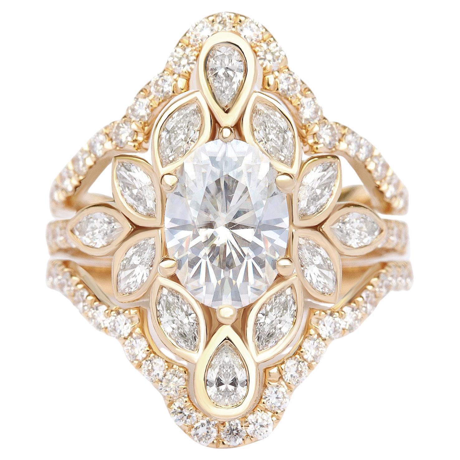 Bague de fiançailles à fleur en diamants ovales et marquises avec anneau en forme de nénuphar Guard Lily n° 6