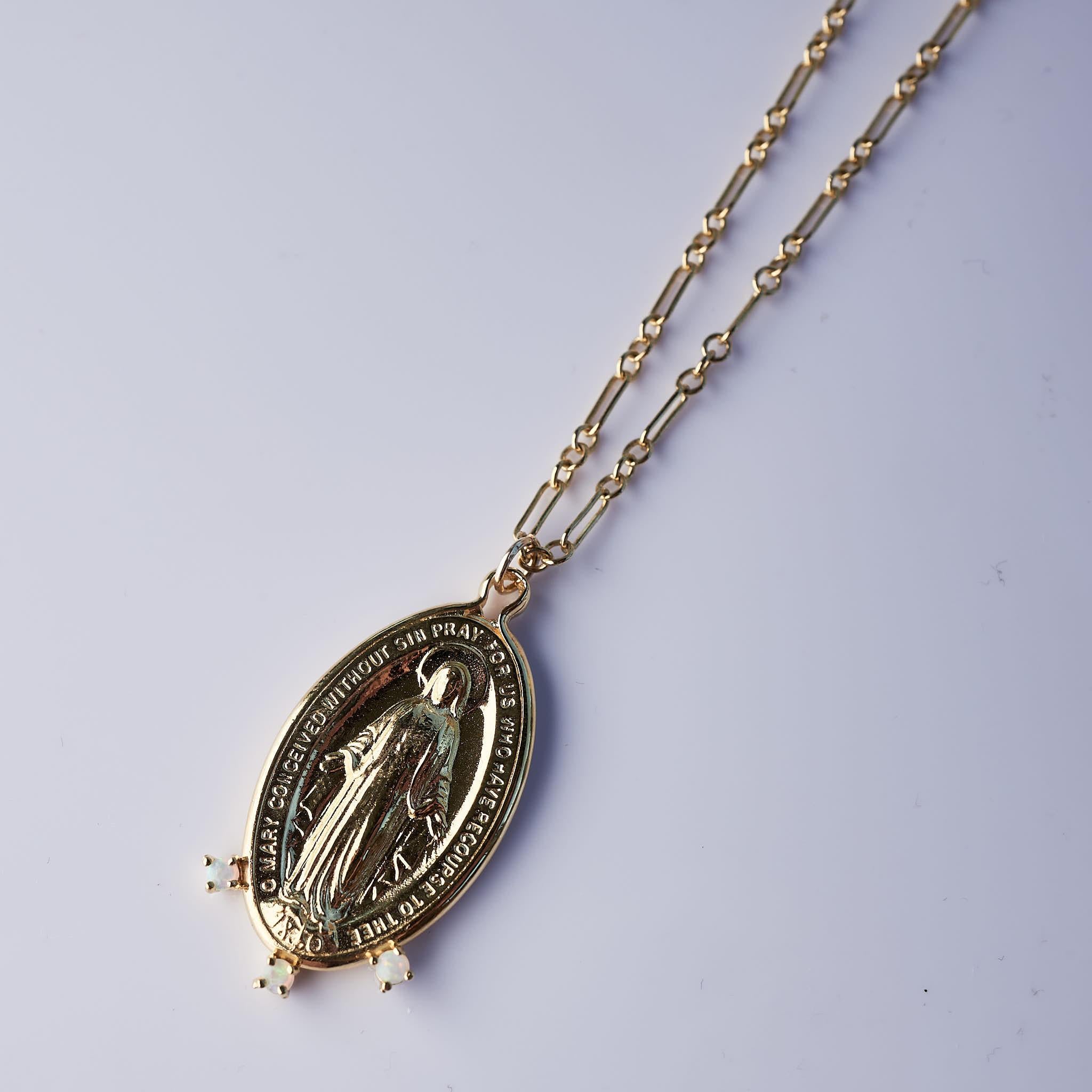 Oval Medal Chain Opal Gold Filled Necklace Virgin Mary  14k Gold Plated Medal Designed by J Dauphin. Necklace can be used in different lengths  24