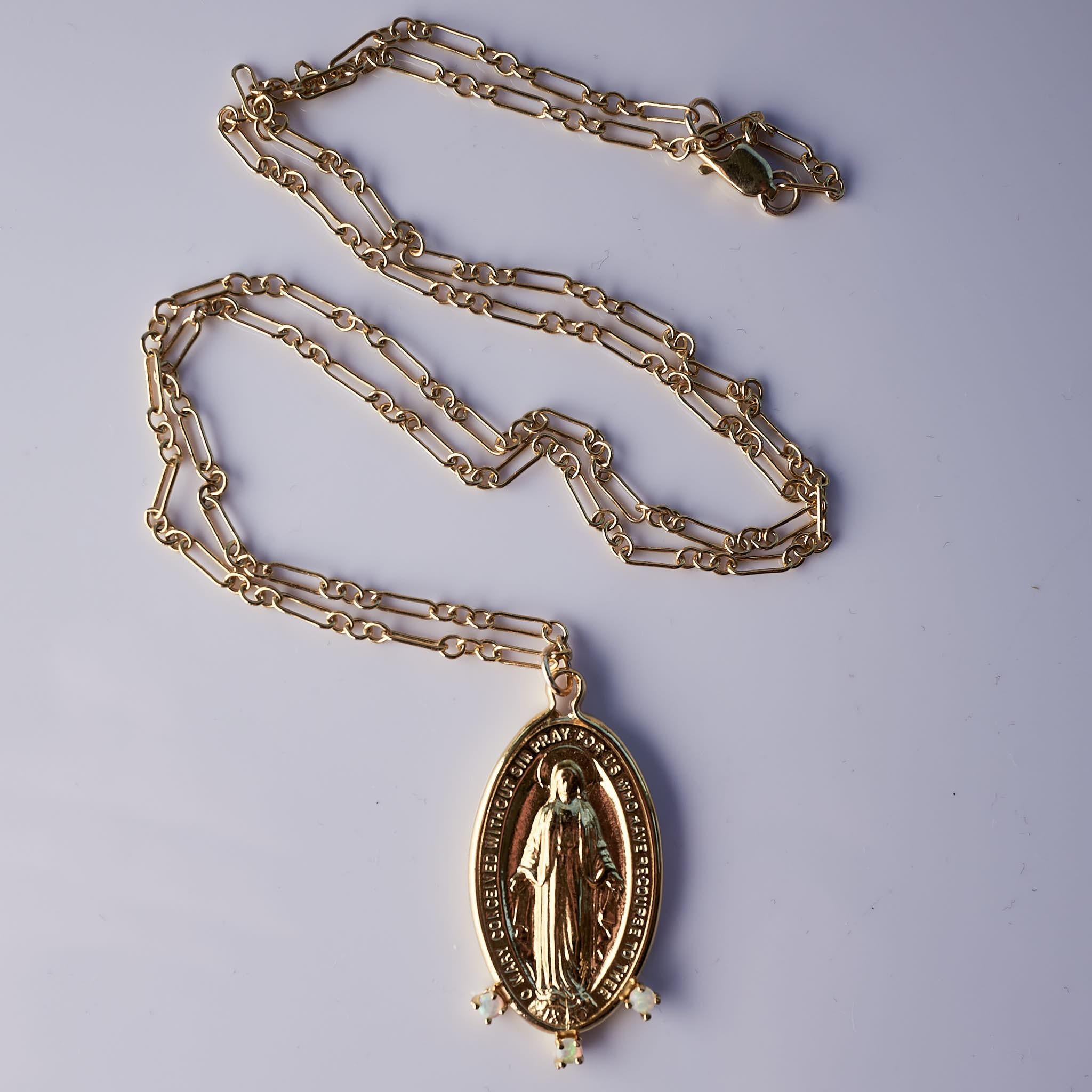 Victorian Oval Medal Chain Opal Necklace Virgin Mary Gold Plated J Dauphin For Sale