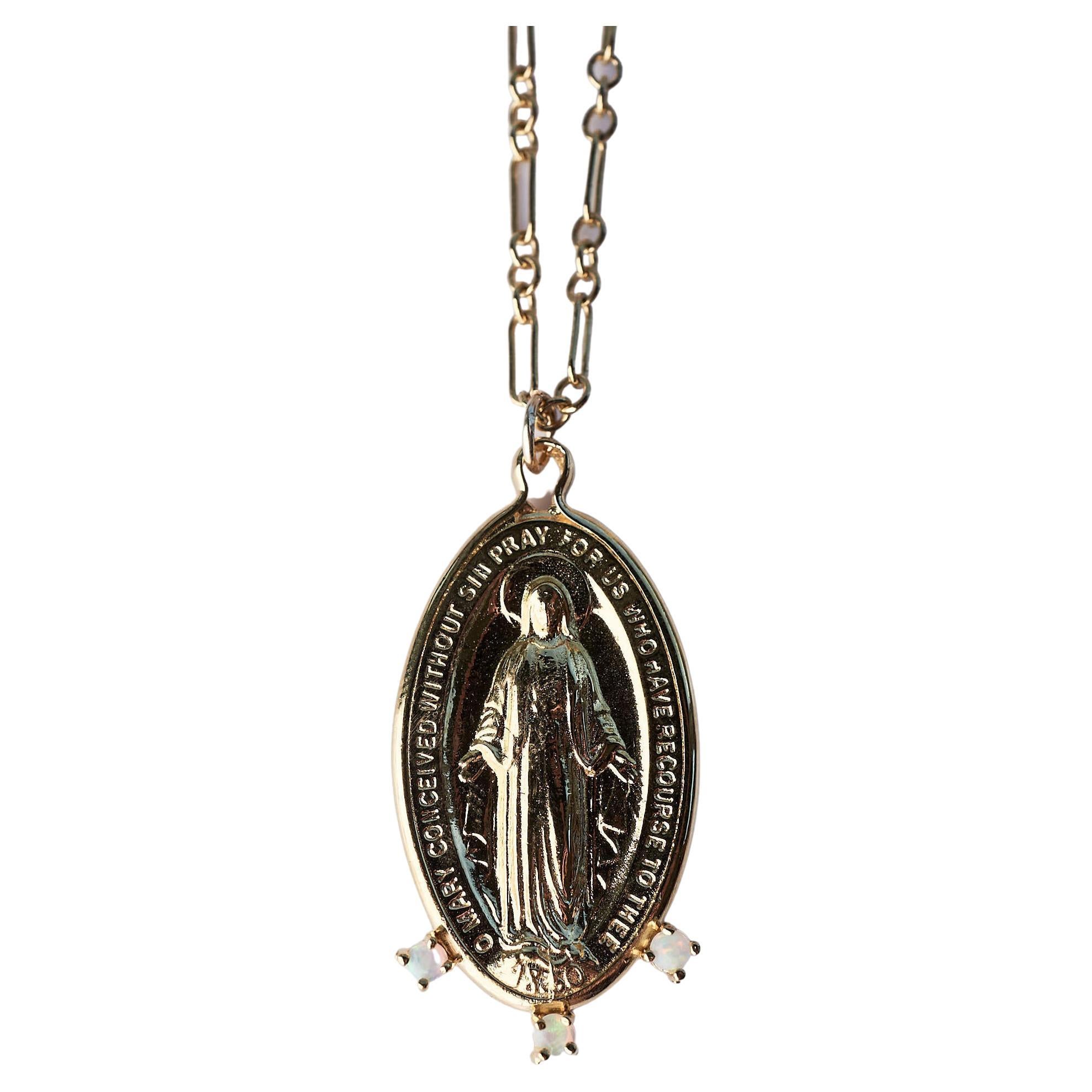 Oval Medal Chain Opal Necklace Virgin Mary Gold Plated J Dauphin For Sale