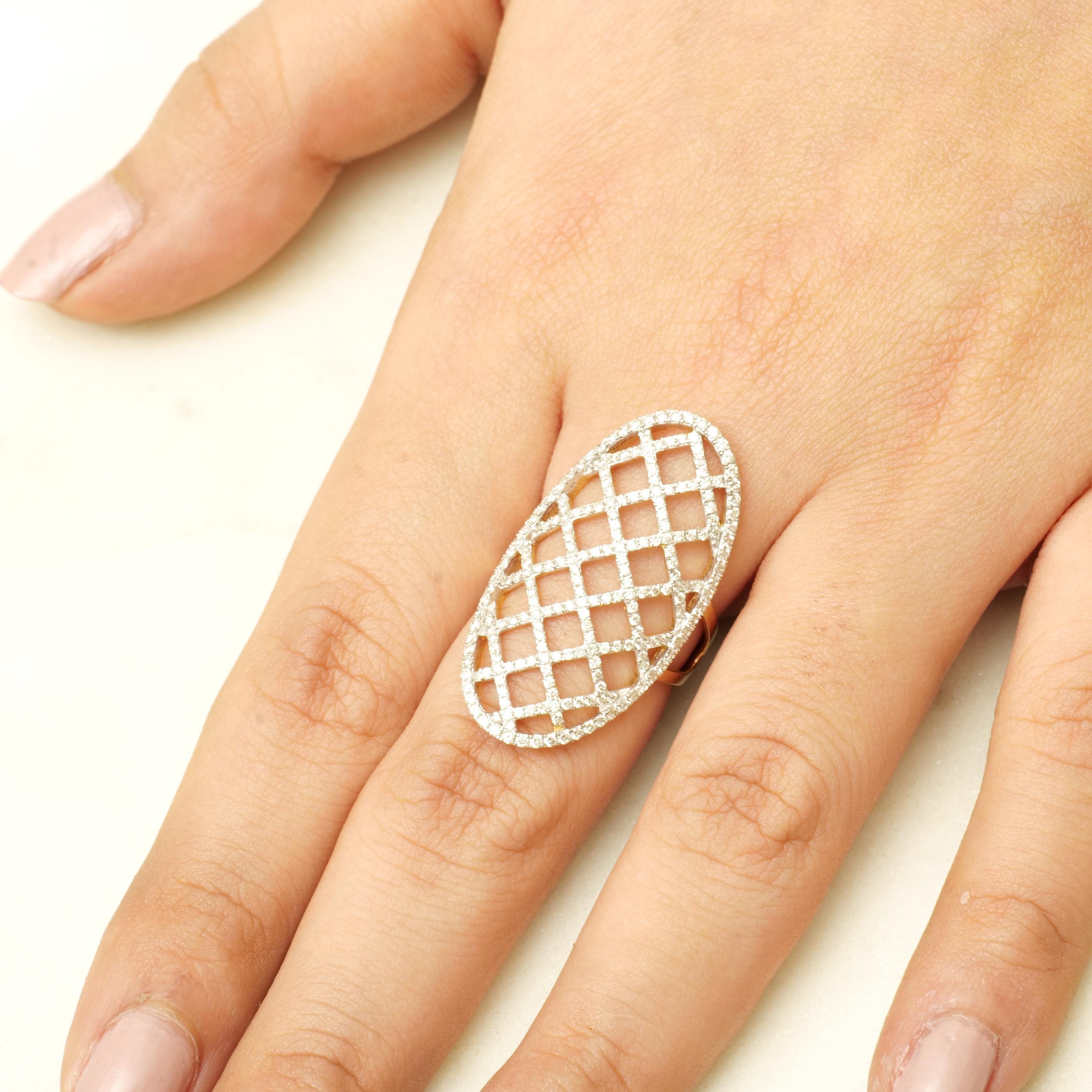 Ovaler Statement-Ring aus 14k massivem Gold mit Mesh-Diamant (zertifiziert) (Art déco) im Angebot