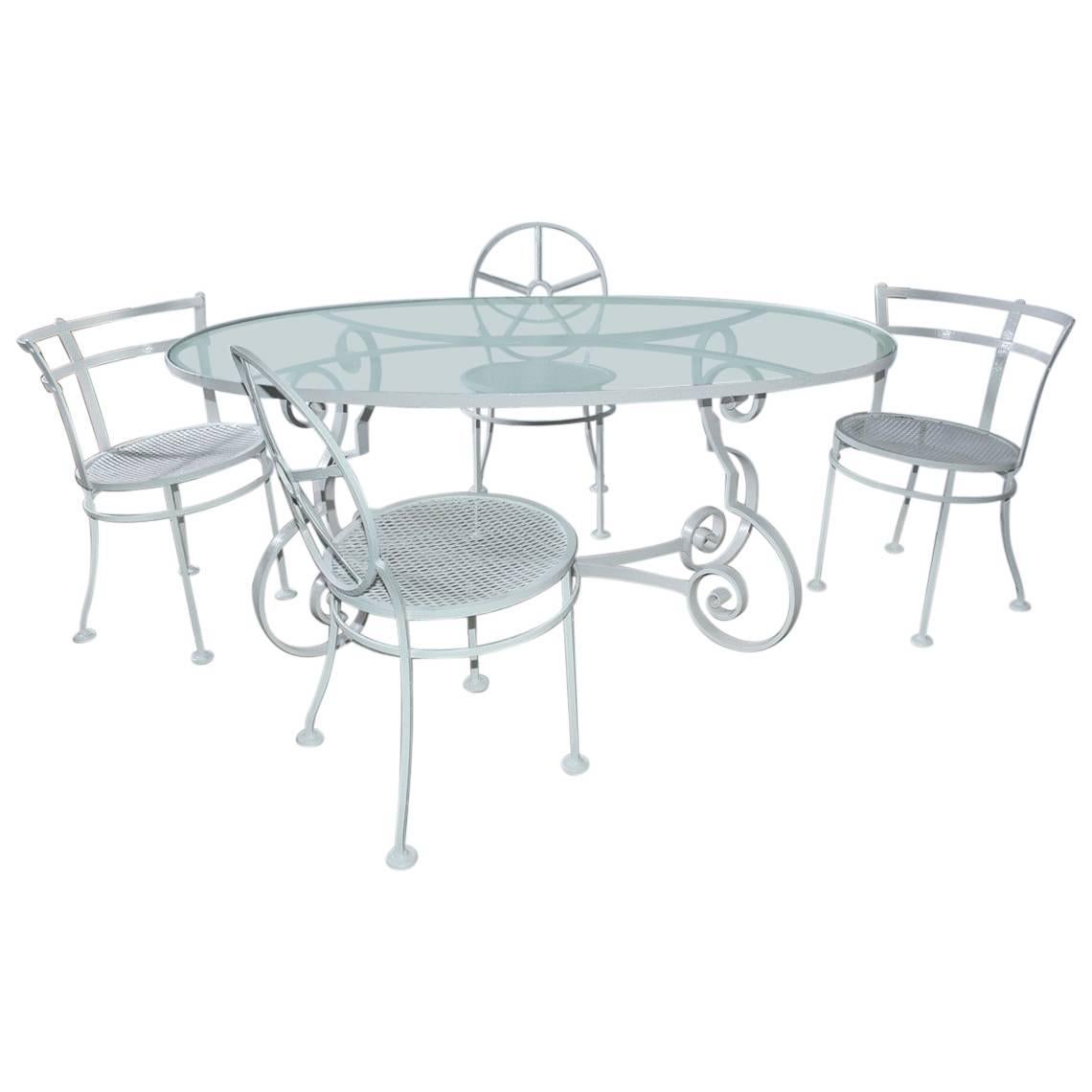 Oval Metal and Glass Midcentury Patio/Porch Garden Table and Four Dining Chairs