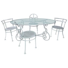 Retro Oval Metal and Glass Midcentury Patio/Porch Garden Table and Four Dining Chairs