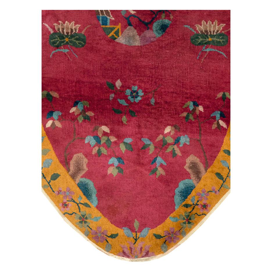 Hand-Knotted Oval Mid-20th Century Handmade Chinese Art Deco Accent Rug in Red and Goldenrod For Sale
