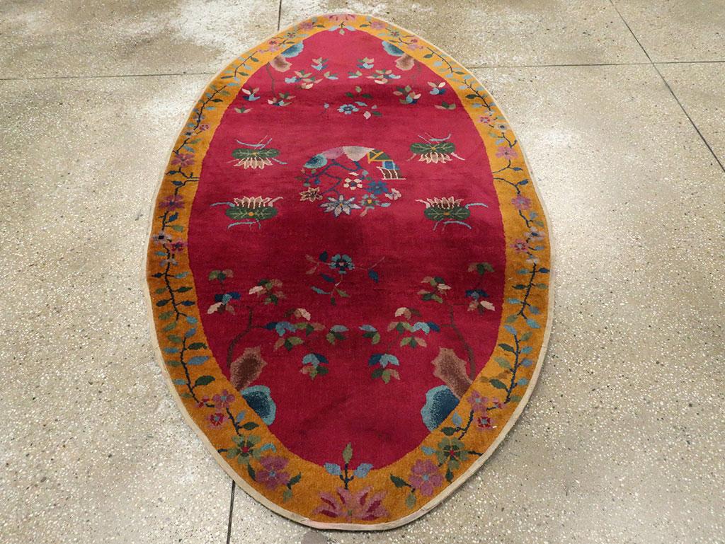 Oval Mid-20th Century Handmade Chinese Art Deco Accent Rug in Red and Goldenrod In Excellent Condition For Sale In New York, NY