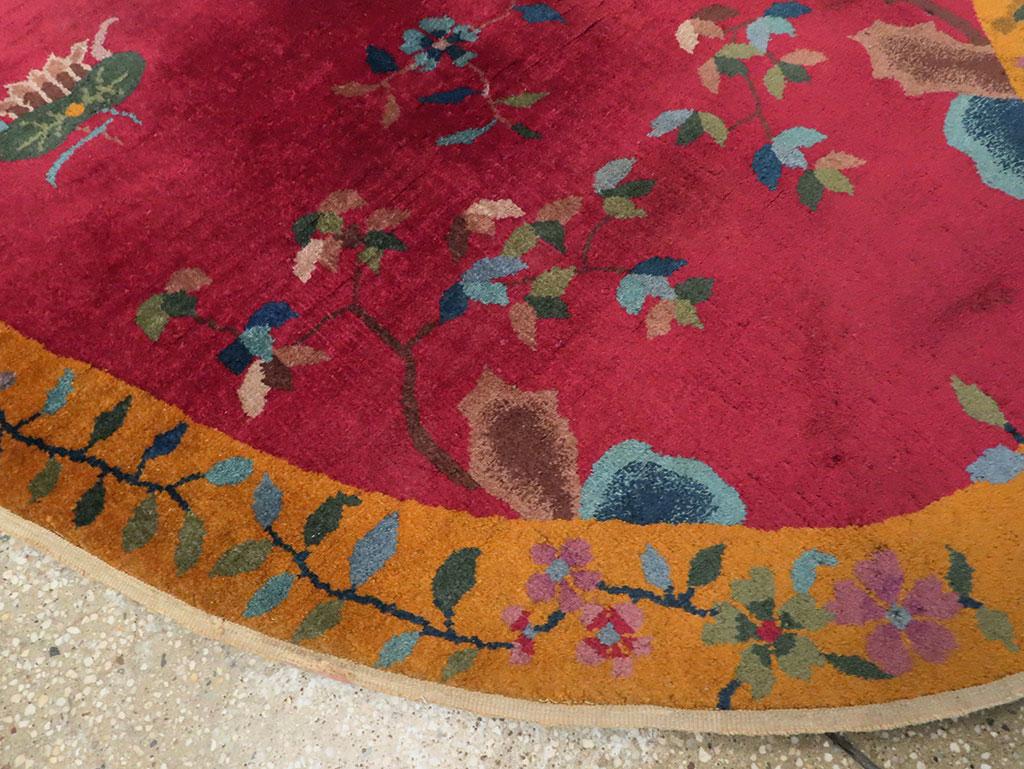 Oval Mid-20th Century Handmade Chinese Art Deco Accent Rug in Red and Goldenrod For Sale 3