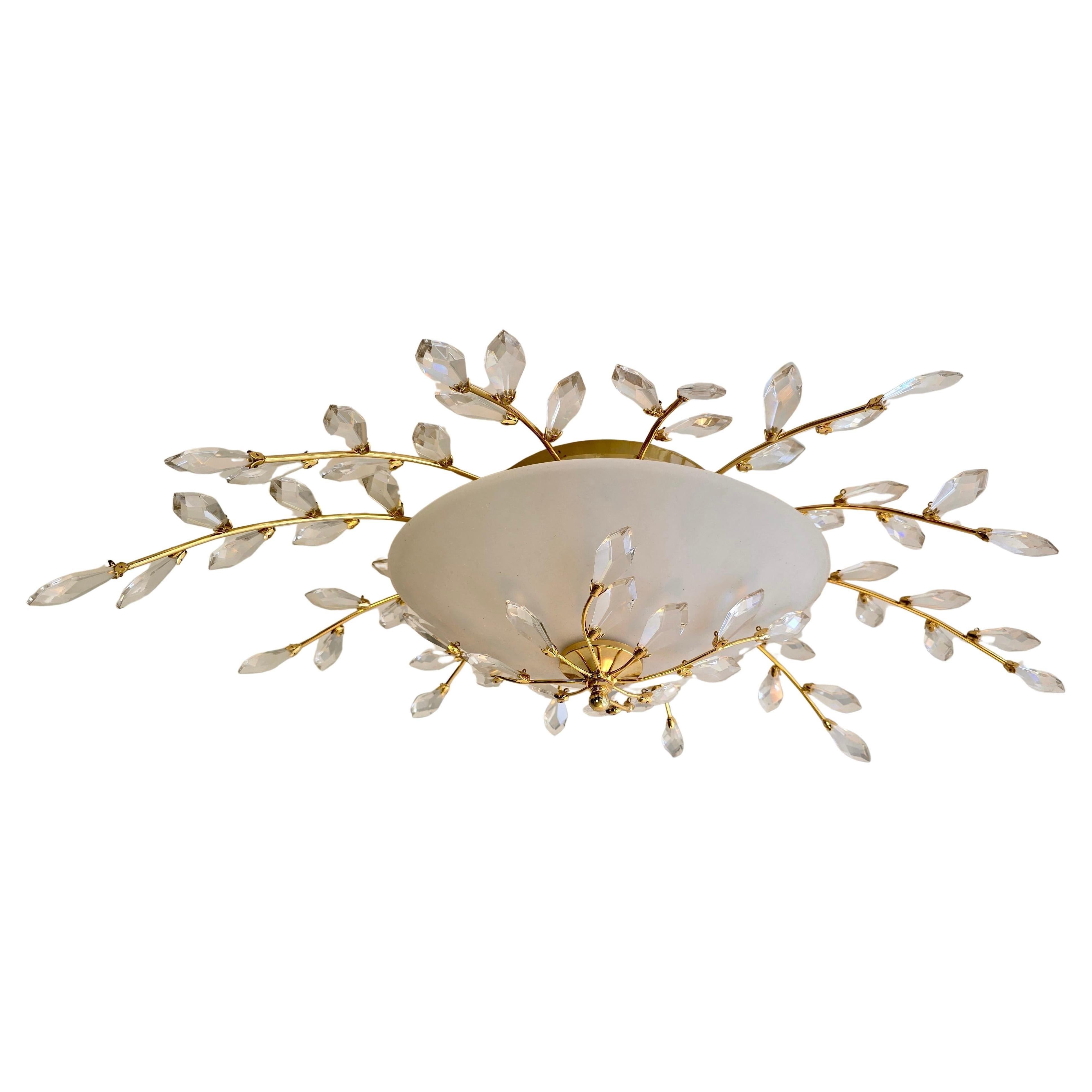 Oval Mid-Century Chandelier in Brass, Crystal and Opaline Glass – 1970s For Sale 4
