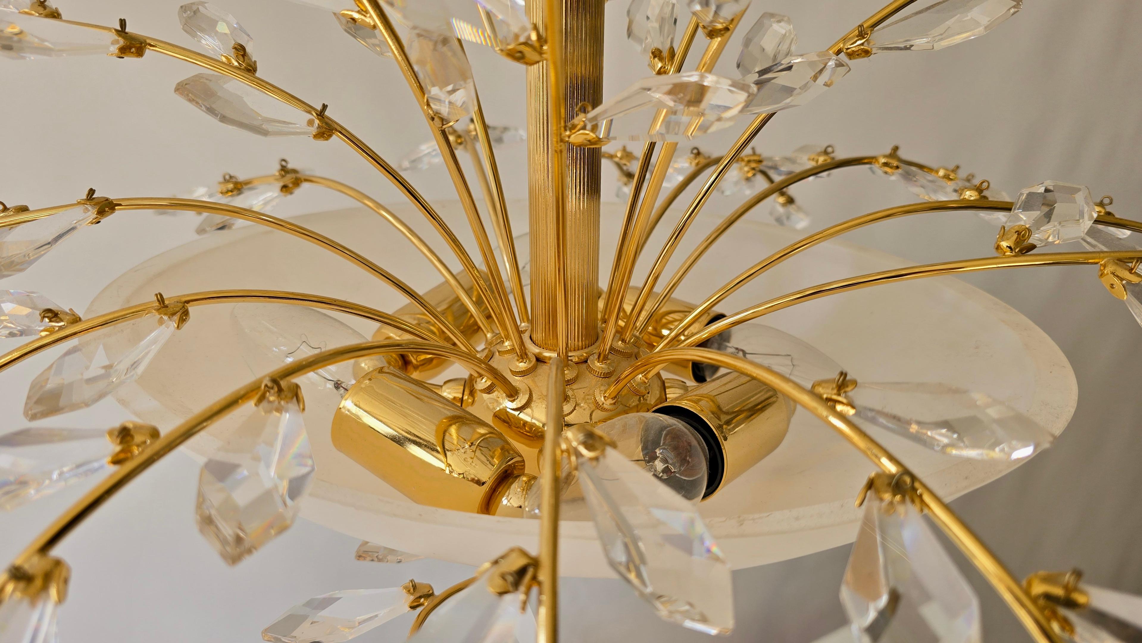 Oval Mid-Century Chandelier in Brass, Crystal and Opaline Glass – 1970s For Sale 1