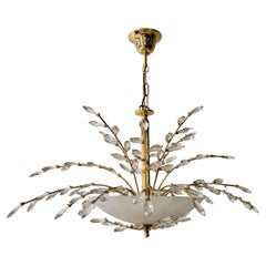 Oval Mid-Century Chandelier in Brass, Crystal and Opaline Glass – 1970s
