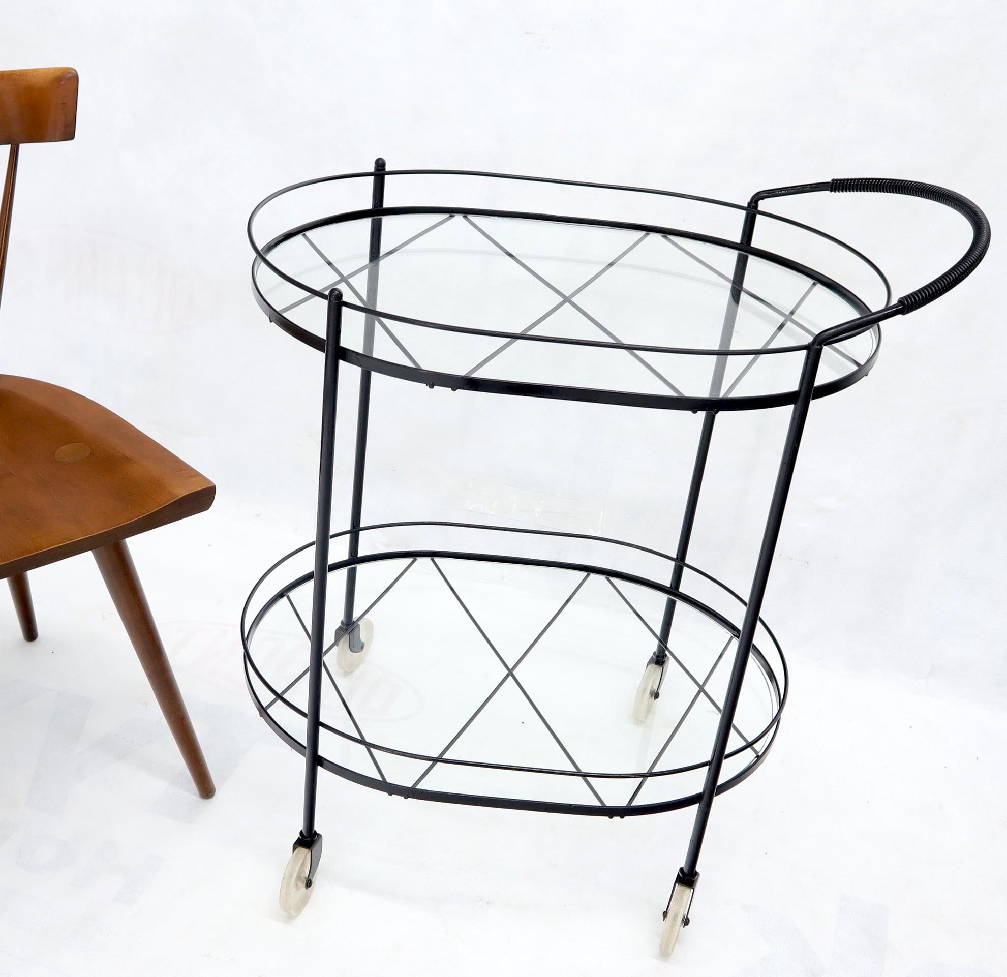 Glass Oval Mid-Century Modern Black Lacquer Serving Bar Tea Cart For Sale