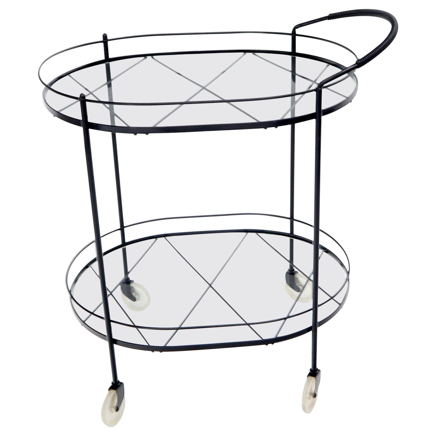 Oval Mid-Century Modern Black Lacquer Serving Bar Tea Cart For Sale