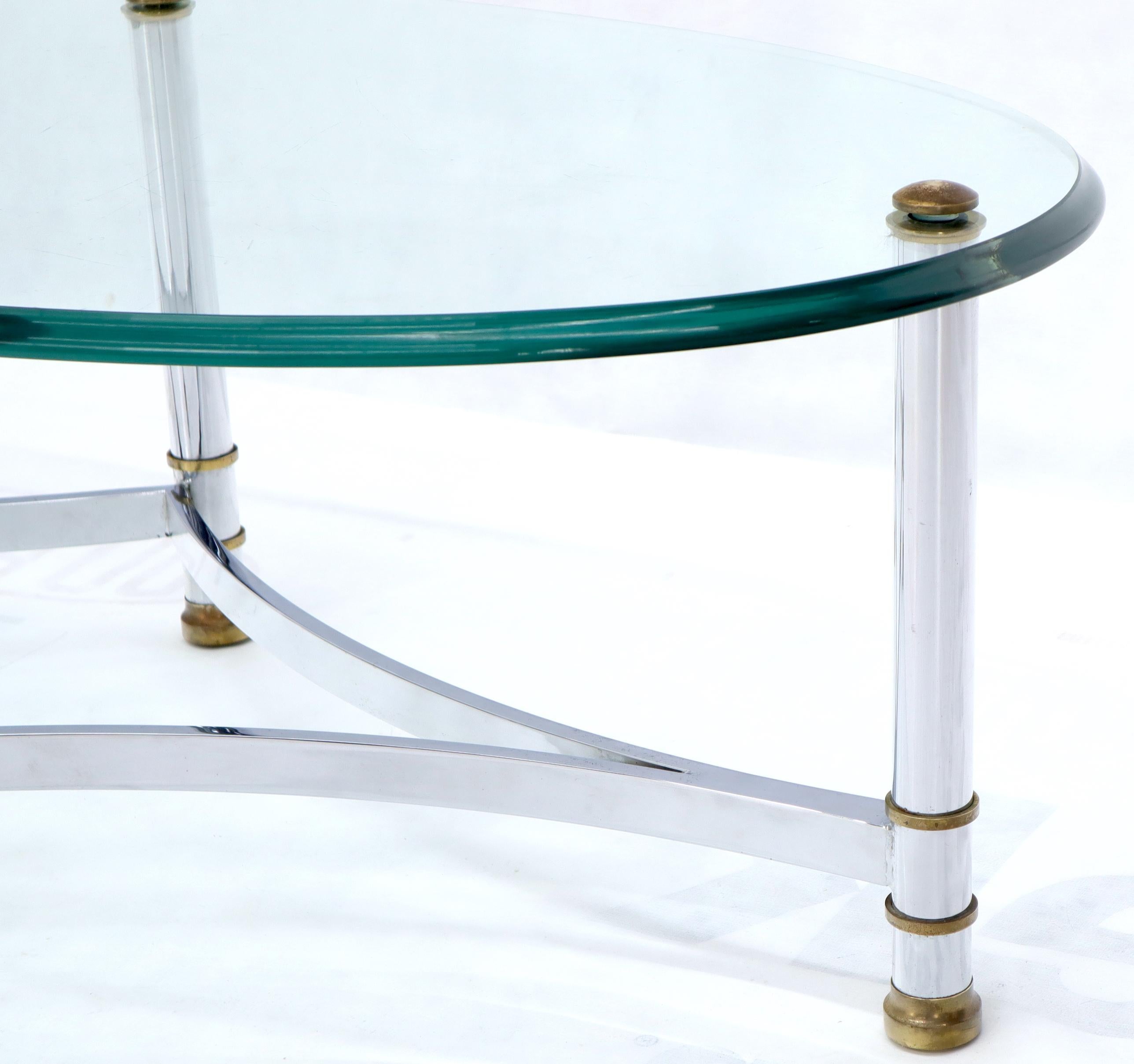 Oval Mid-Century Modern Glass Top Coffee Table on Chrome Frame, Brass Accents For Sale 3