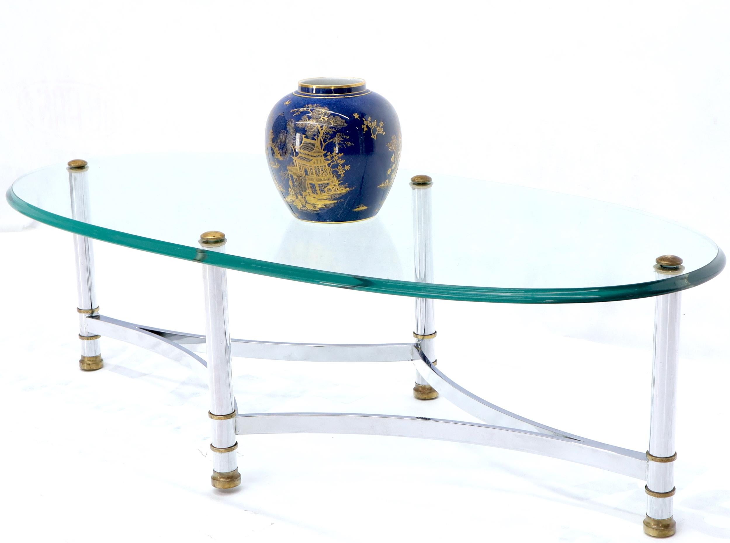 Italian Oval Mid-Century Modern Glass Top Coffee Table on Chrome Frame, Brass Accents For Sale