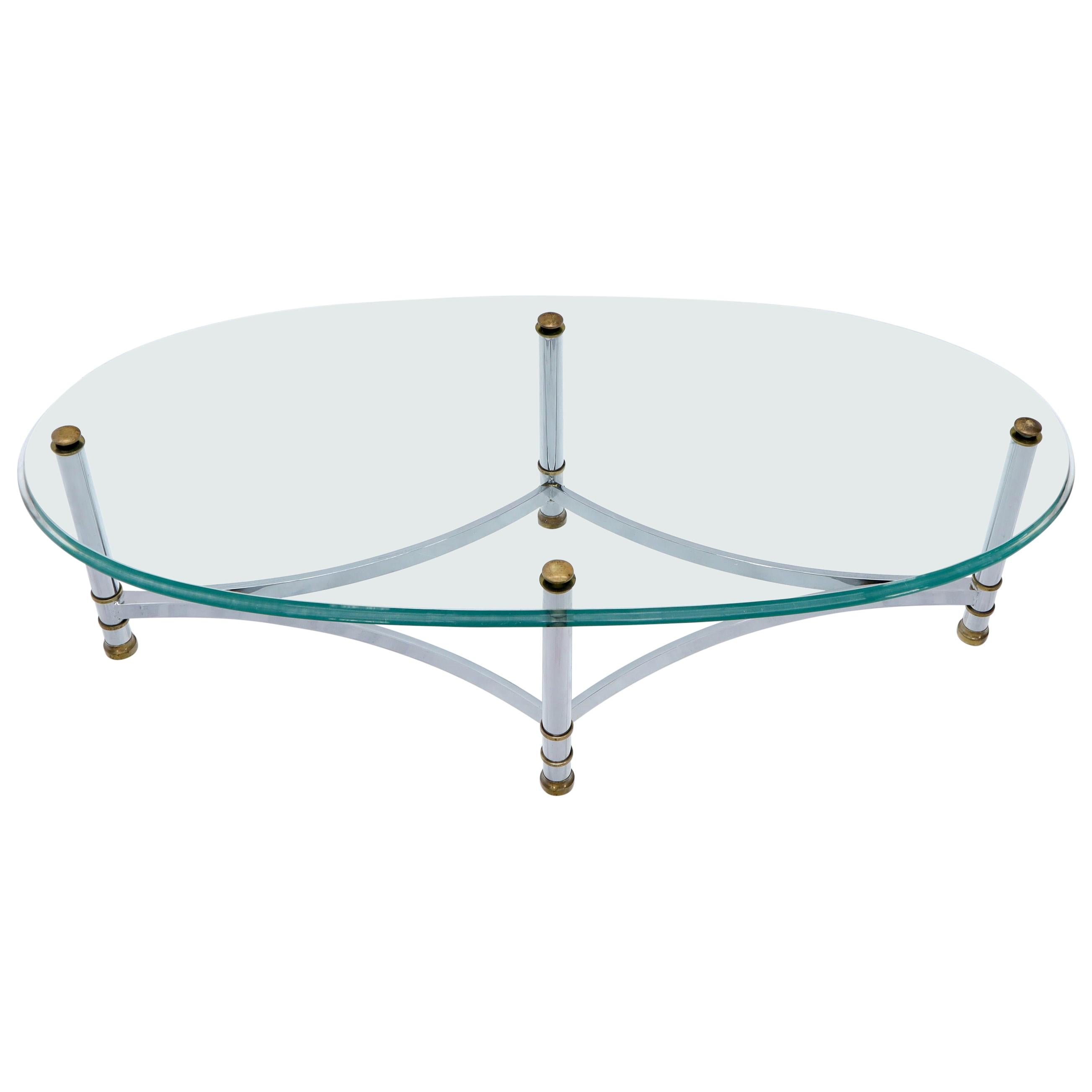 Oval Mid-Century Modern Glass Top Coffee Table on Chrome Frame, Brass Accents For Sale