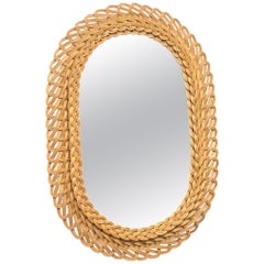 Oval Mid-Century Modern Handcrafted Braided Rattan Mirror, Germany, 1960s