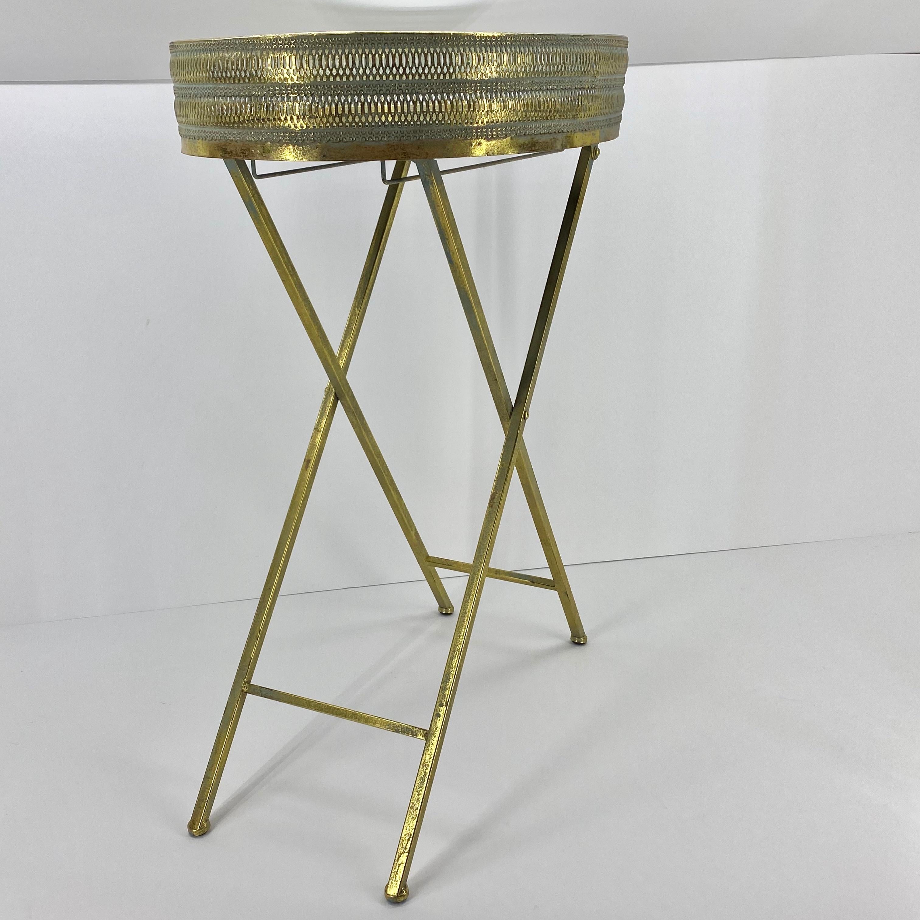 20th Century Oval Mid-Century Brass Gallery Side Table And Mirror Glass Top
