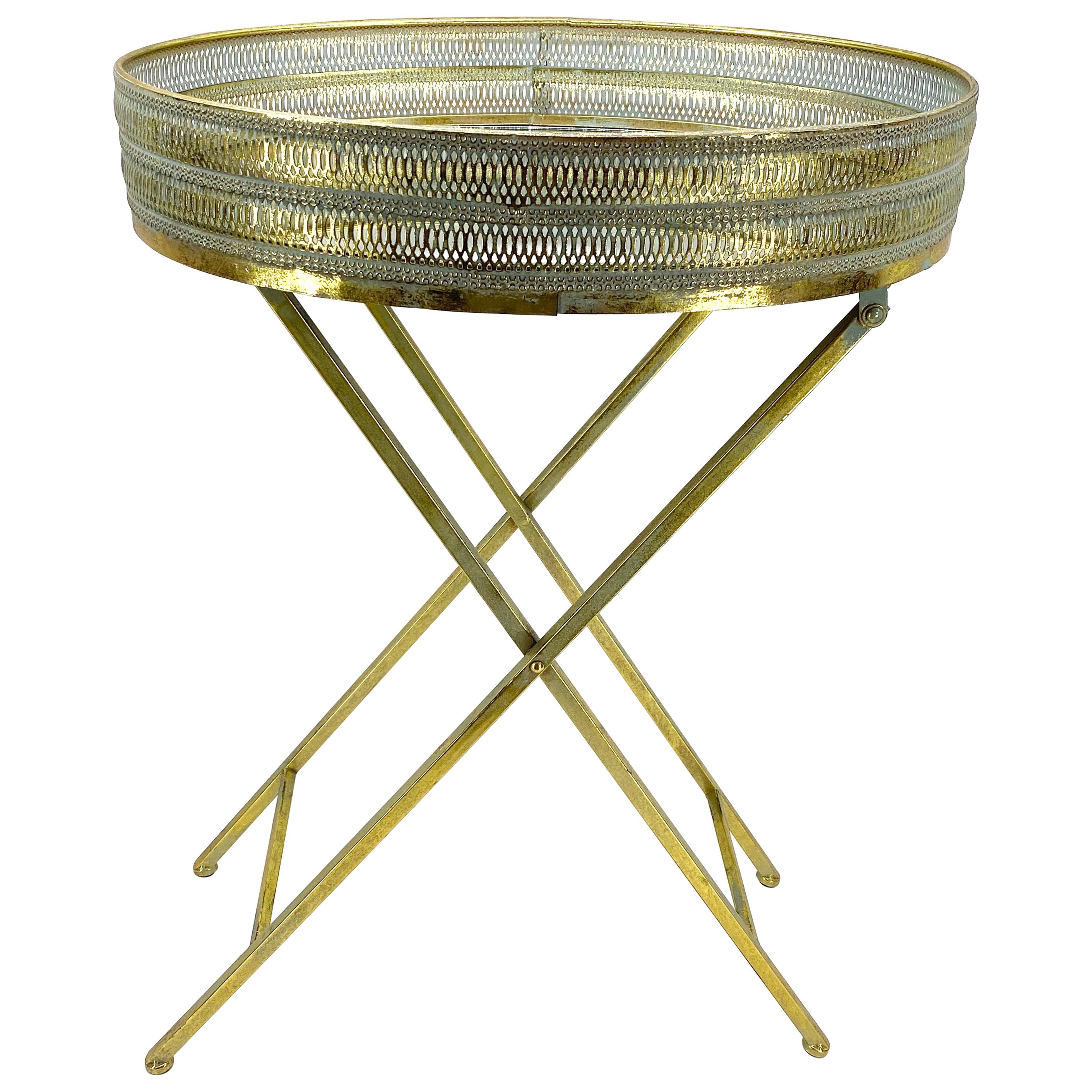 Oval Mid-Century Brass Gallery Side Table And Mirror Glass Top